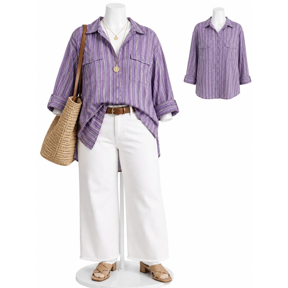 Preppy Lavender Stripe Button Front Career Blouse Silver Job Interview Shirt 30W